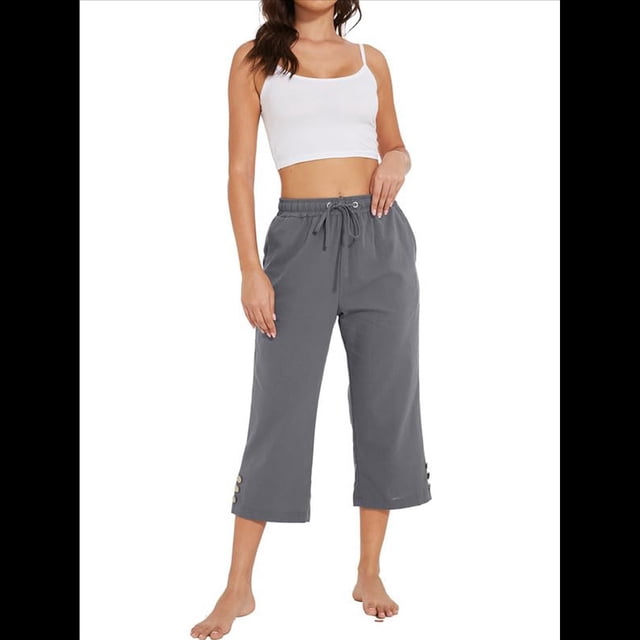 Pantalones de Cintura Alta para Mujer, Cómodos, Informales, Holgados, con Cordón, Botones y Bolsillos. Gris Oscuro S