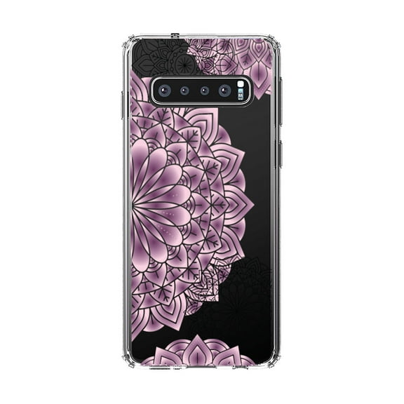 DistinctInk Clear Shockproof Hybrid Case for Samsung Galaxy S10 (6.1" Screen) - TPU Bumper, Acrylic Back, Tempered Glass Screen Protector - Mandala - Purple and Pink and Black
