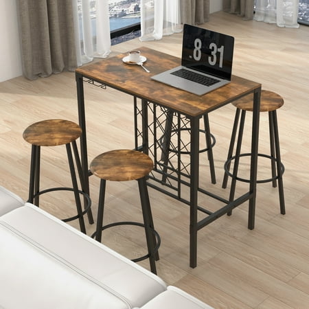 Costway 5PCS Bar Table & Stools Set Industrial Bistro Set with Wine Rack & Glass Holder - Rustic Brown/Black