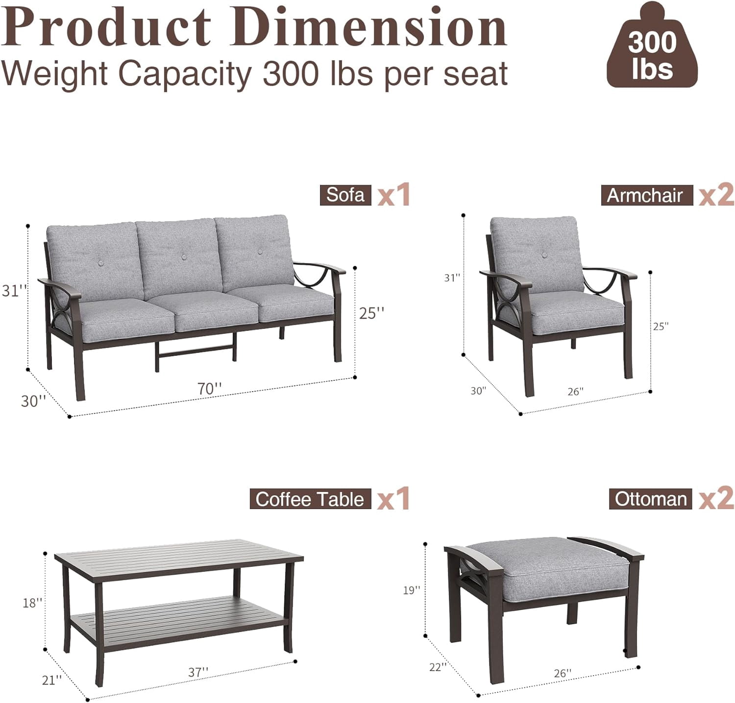 SUNVIVI Outdoor Patio Furniture Set, Patio Conversation Set with Coffee Table Side Table and Ottomans, Metal Furniture Set for Porch Backyard Garden