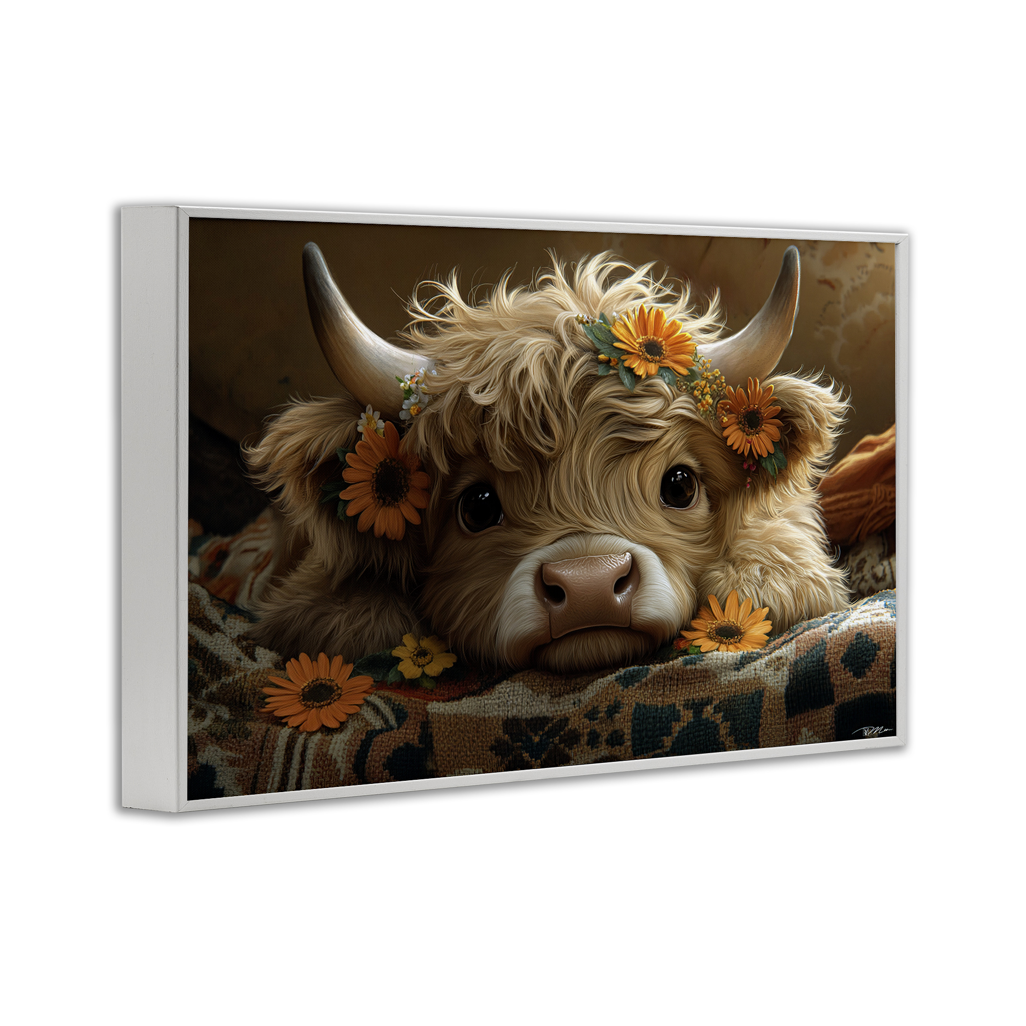 Adorable Flower Bedecked Cattle White Framed Giclee Art, design by Momart