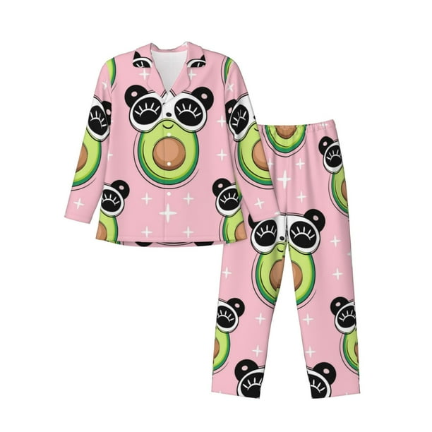 Balery Panda Avocado Pijama para Hombre de Dos Piezas con Manga Larga, Conjunto de Dormir y Descanso Suave con Bolsillos-Large
