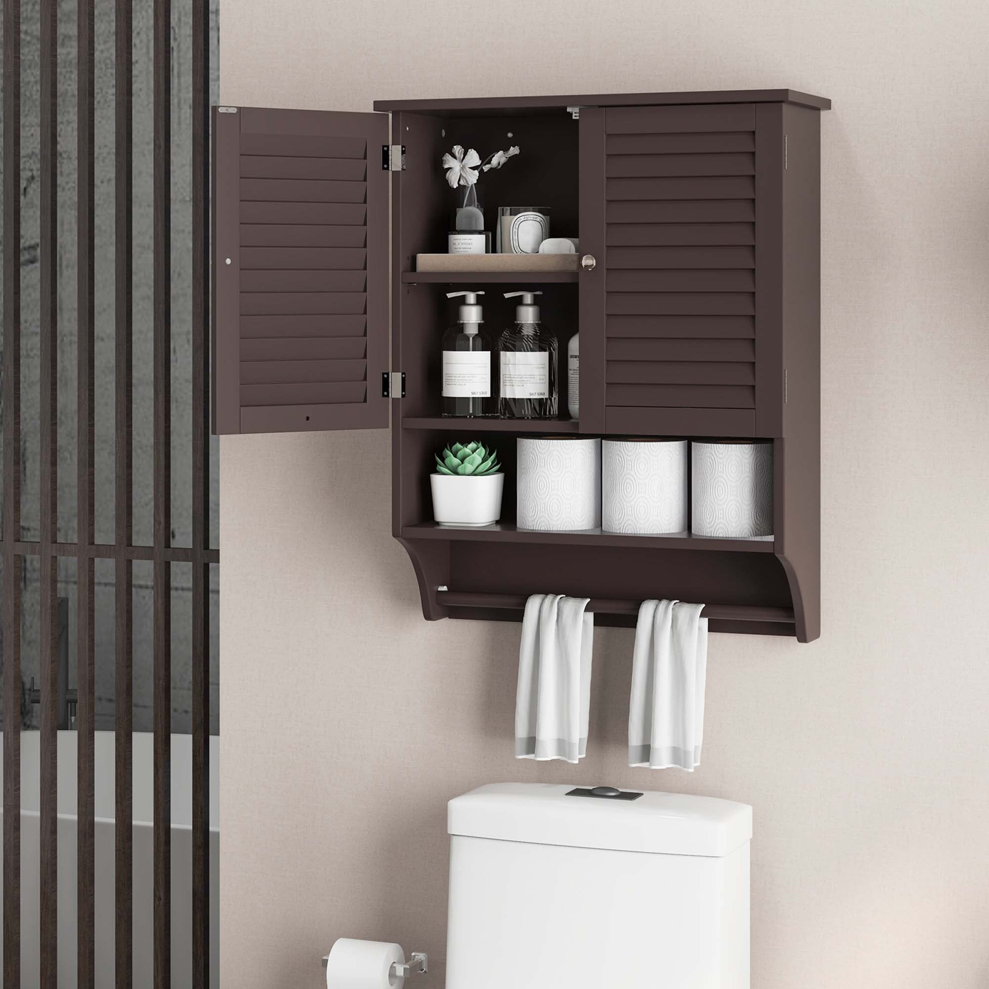 Costway Bathroom Wall Mounted Medicine Cabinet with Louvered Doors & Towel Bar Espresso