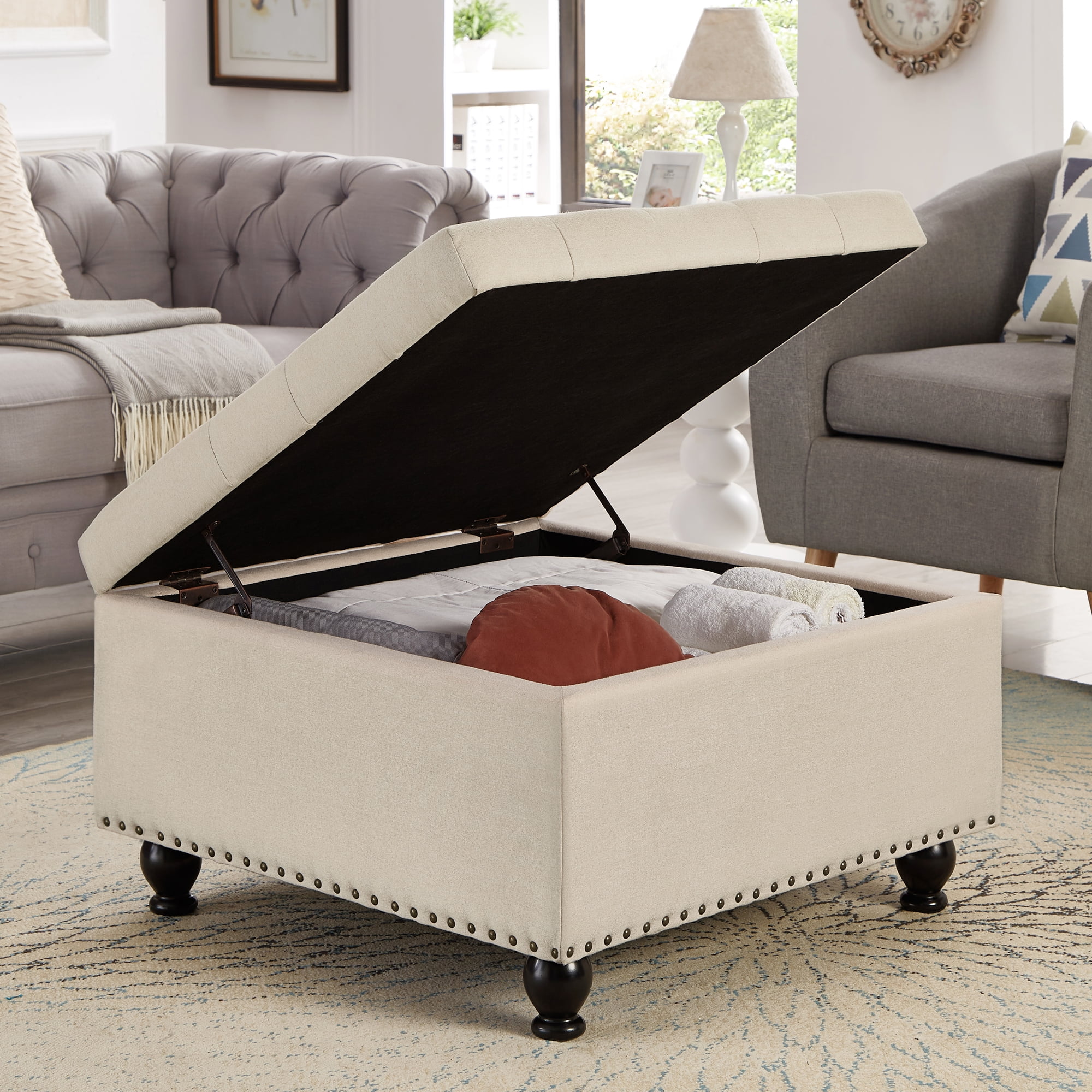CQSXDA Large Square Storage Ottoman with Wooden Legs, Upholstered Button Tufted Coffee Table with Nail Trims