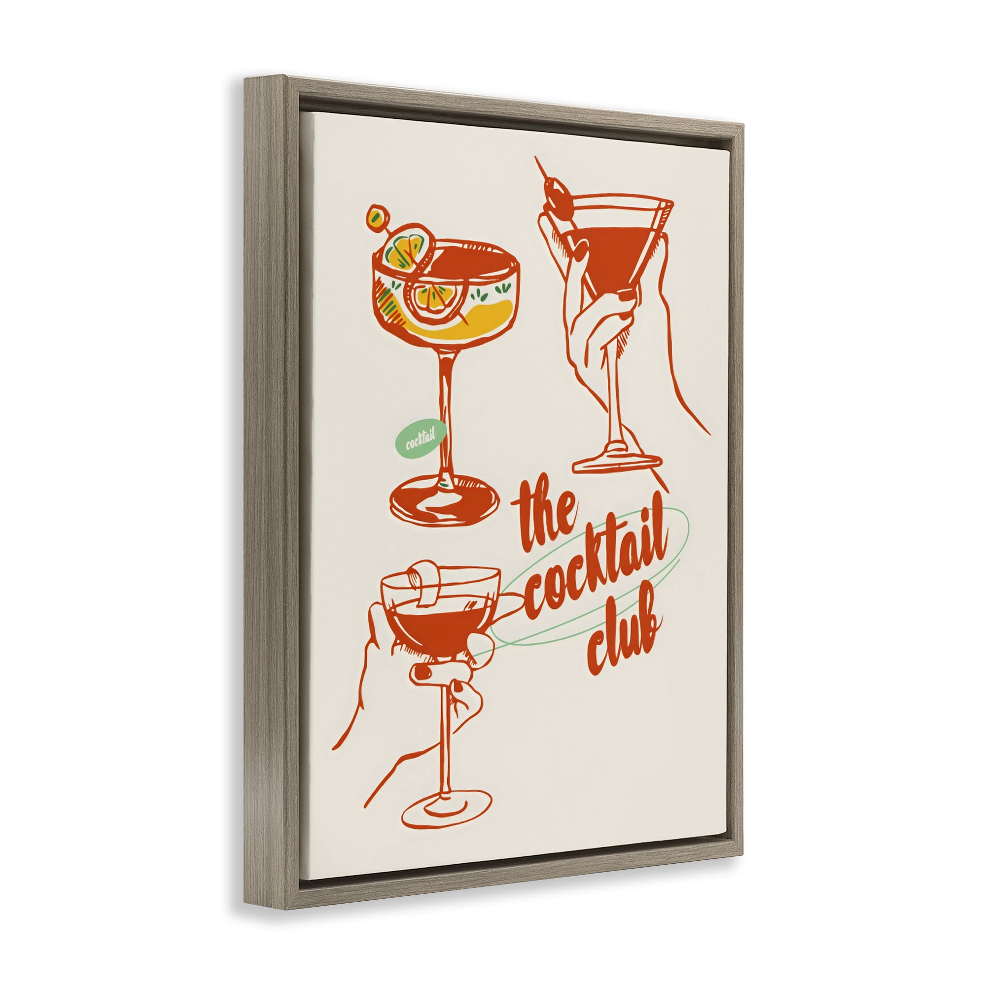 Stupell Industries Cocktail Club Toasting Glasses Brown Framed Floater Canvas Wall Art, design by The Prints Vibe