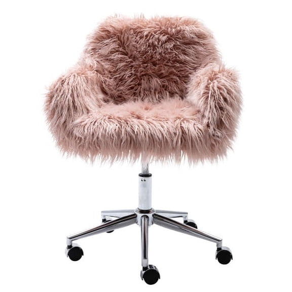 Faux Fur Desk Chair, Swivel Vanity Chair with Adjustable Height and Wheels for Office, Bedroom, Pink