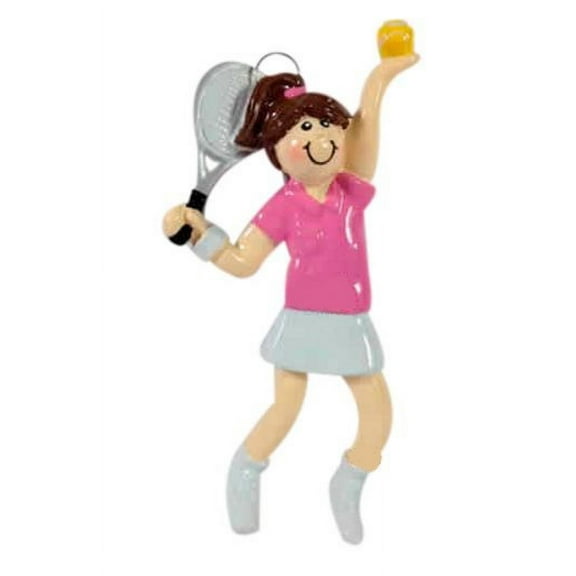 Brunette Tennis Girl in Pink Shirt Serving Ball Christmas Ornament Decoration