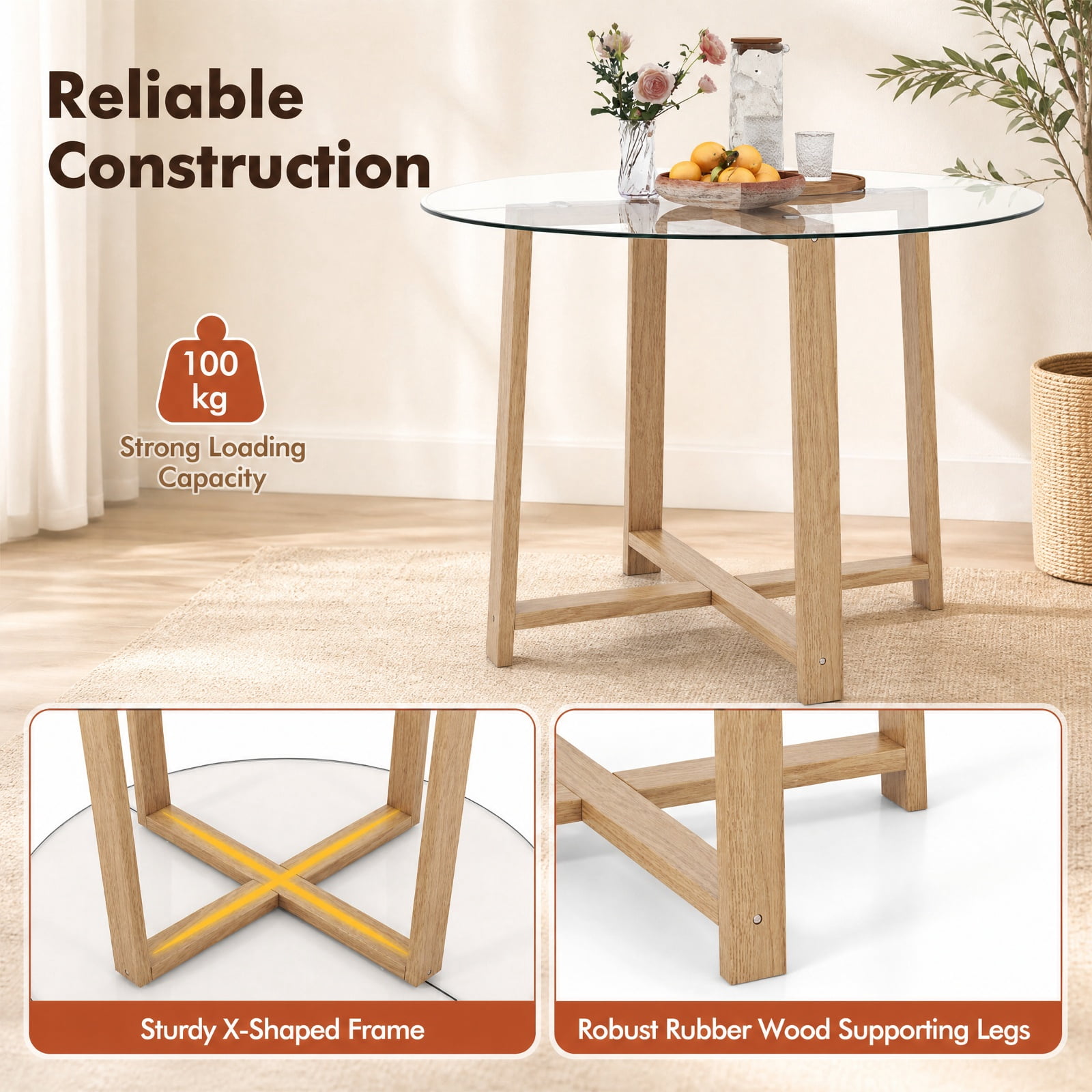Furnibear 42 Inch Round Glass Dining Table for 4 to 6 with Tempered Glass Top and Rubber Wood Legs for Kitchen and Dining Room, Natural