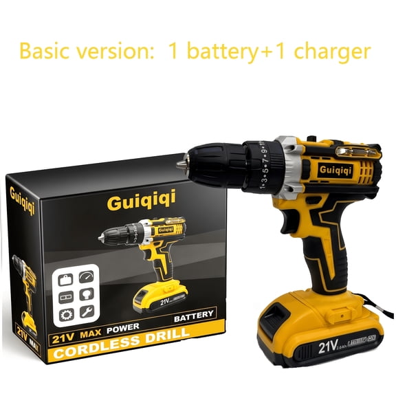 Guiqiqi 21V Brushed Cordless Drill Driver Kit, 1 Battery Black Gift Box