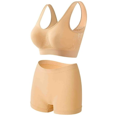 Women s Wireless Gathered Seamless Suspender Solid Color Push Up Breathable Gathered Sports Bras Underwear Panty Set Beige Xxxxl