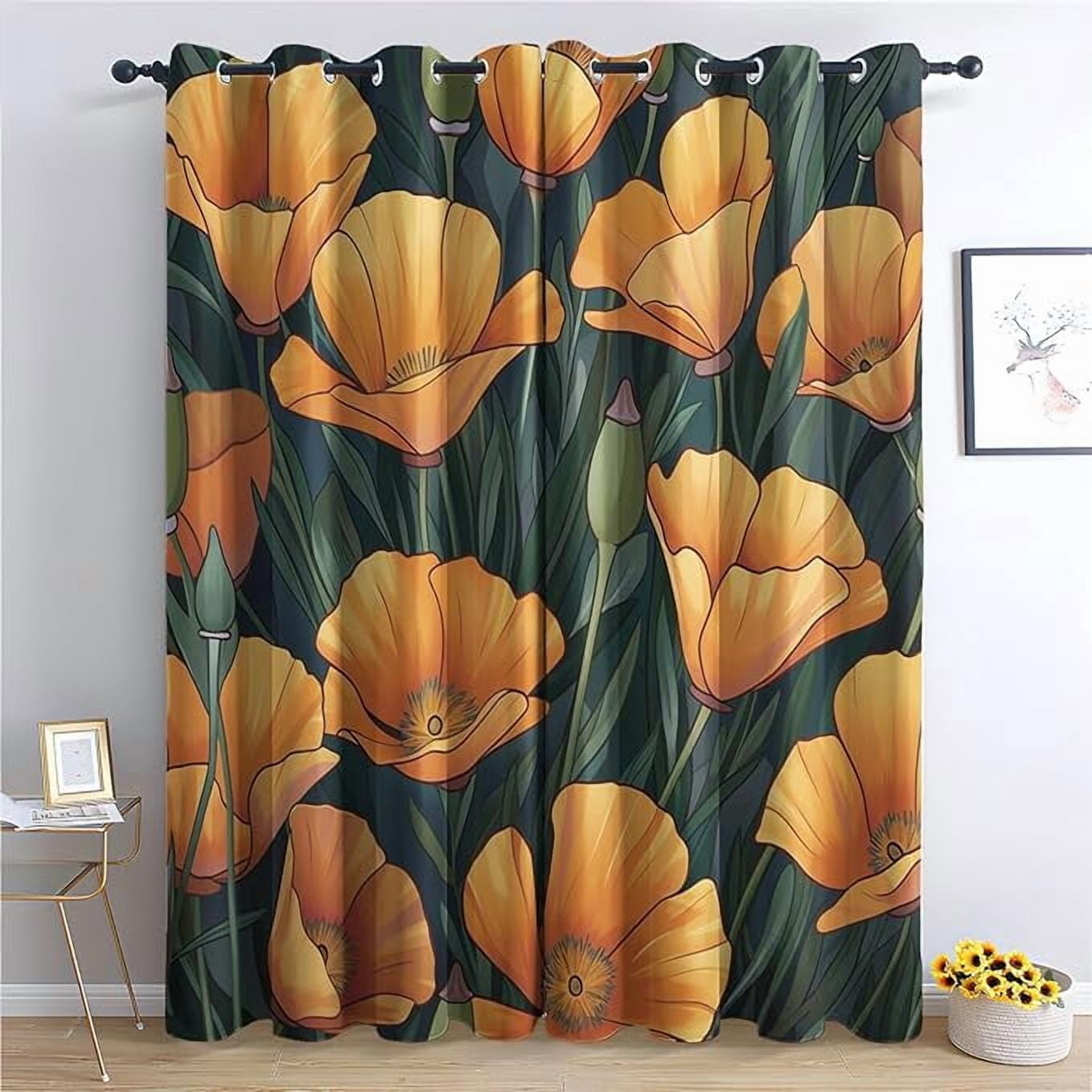Yellow Poppy Curtains Flower Blackout Curtains for Living Room Floral Drapes Bedroom Curtains Thermal Insulated and Soft Room Darkening Grommet Curtains 53 W x 96 L (Pack of 2)