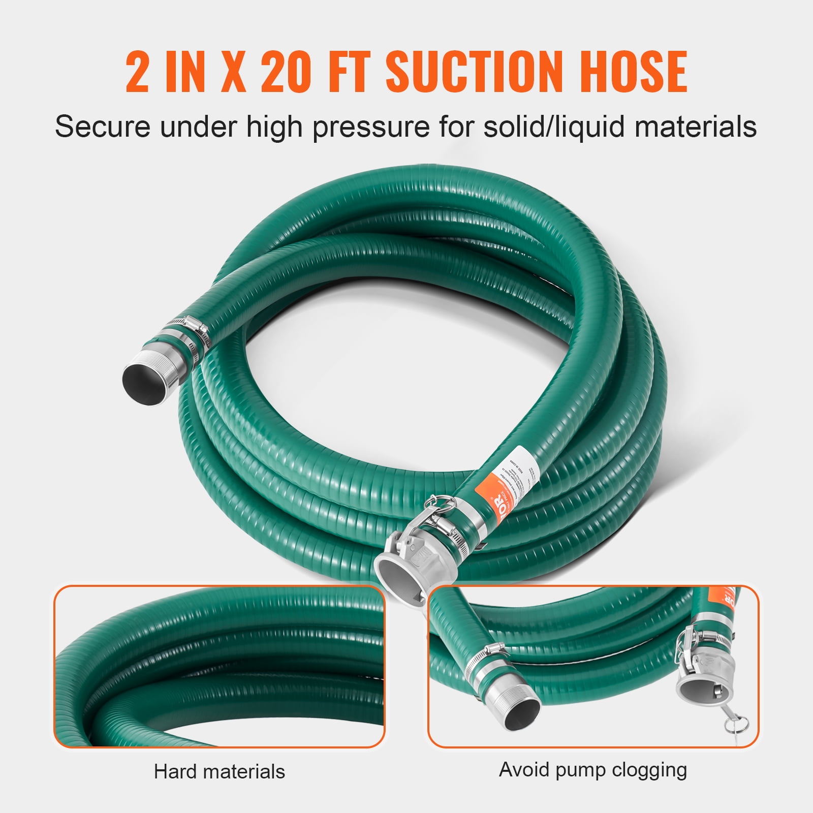 VEVOR Suction Hose Kit for Water Pump, with 2 in x 65 ft Blue Backwash Hose, 20 ft Green Suction Hose, and Steel Round Hole Strainer, Camlocks, Clamps, Cam & Groove Adapter, for Multiple Purposes