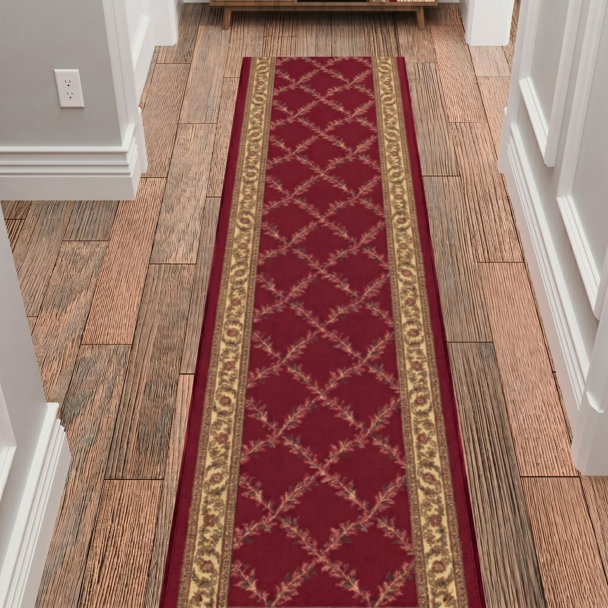 Ottomanson Extra Long Runner Rug 1'10.5" x 25' – Non-Slip Low Pile Hallway Carpet, Trellis Burgundy Red