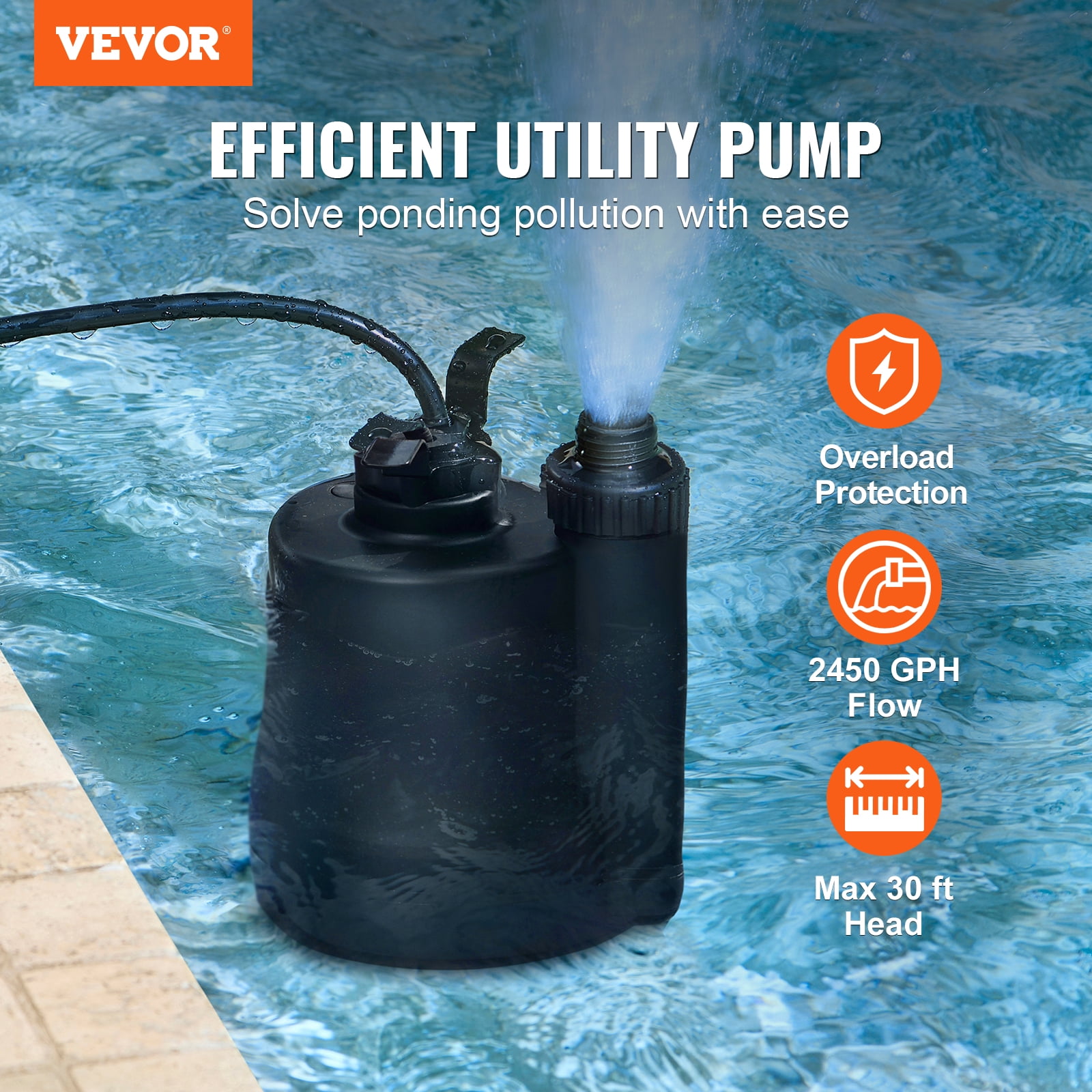 VEVOR Utility Pump, 1/3 HP, 2450 GPH High Flow,30 ft Head, Sump Pump Submersible Water Pump Portable Utility Pump with 10 ft Long Power Cord for Draining Water from Swimming Pool Garden Pond Basement