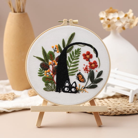 Funny Animal Embroidery Kits for Adults Beginners, Cute Black Cat Play with Butterfly Cross Stitch Kits, Easy Learn Adult Crafts for Women, Hand DIY Crossstitching Kits