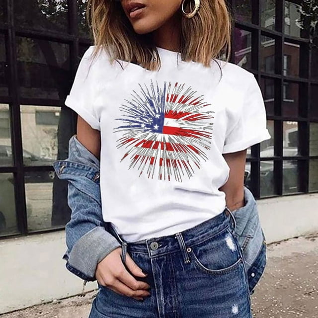 Jienlioq Hauts pour Femmes Liquidation Mode Féminine Col Rond Jour de l'Indépendance Imprimé Manches Courtes Haut T-Shirt Blouse Choix Éclair