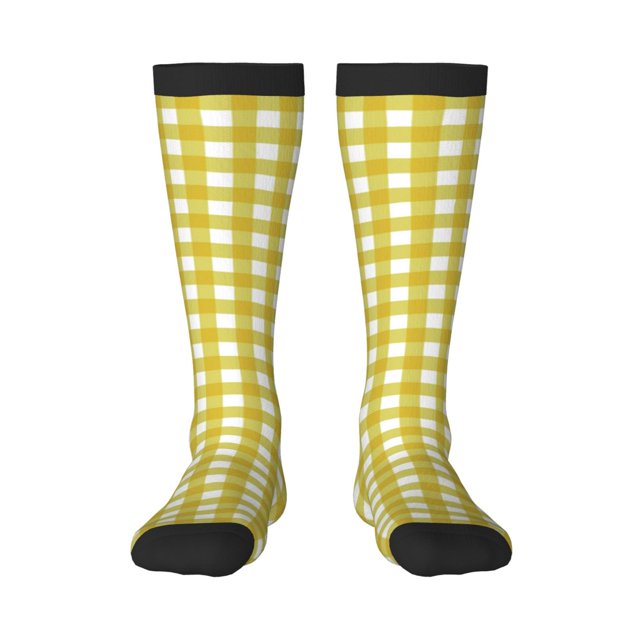 Fotbe Yellow Checkboard Calcetas Divertidas Estampadas para Hombre y Mujer, Calcetas de Algodón hasta la Rodilla para Caminar, Correr, Enfermería y Embarazo