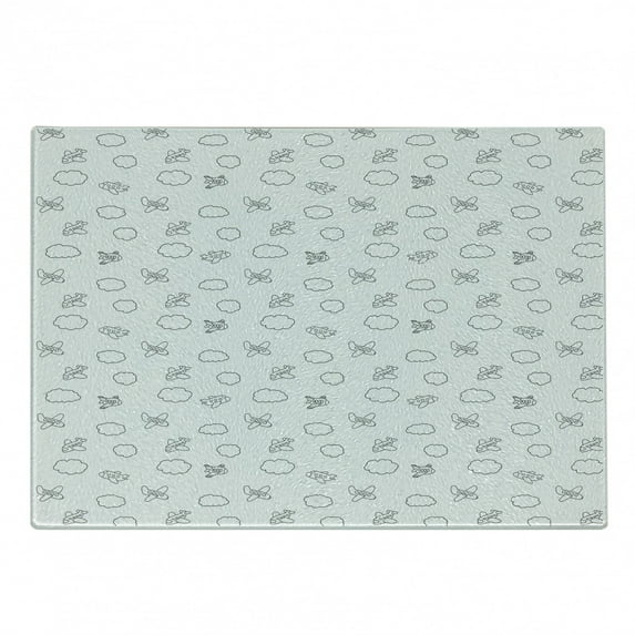 Airplane Cutting Board, Boys Pattern with Little Aeroplanes and Puffy Clouds in Doodle Style, Decorative Tempered Glass Cutting and Serving Board, Small Size, Black White, by Ambesonne