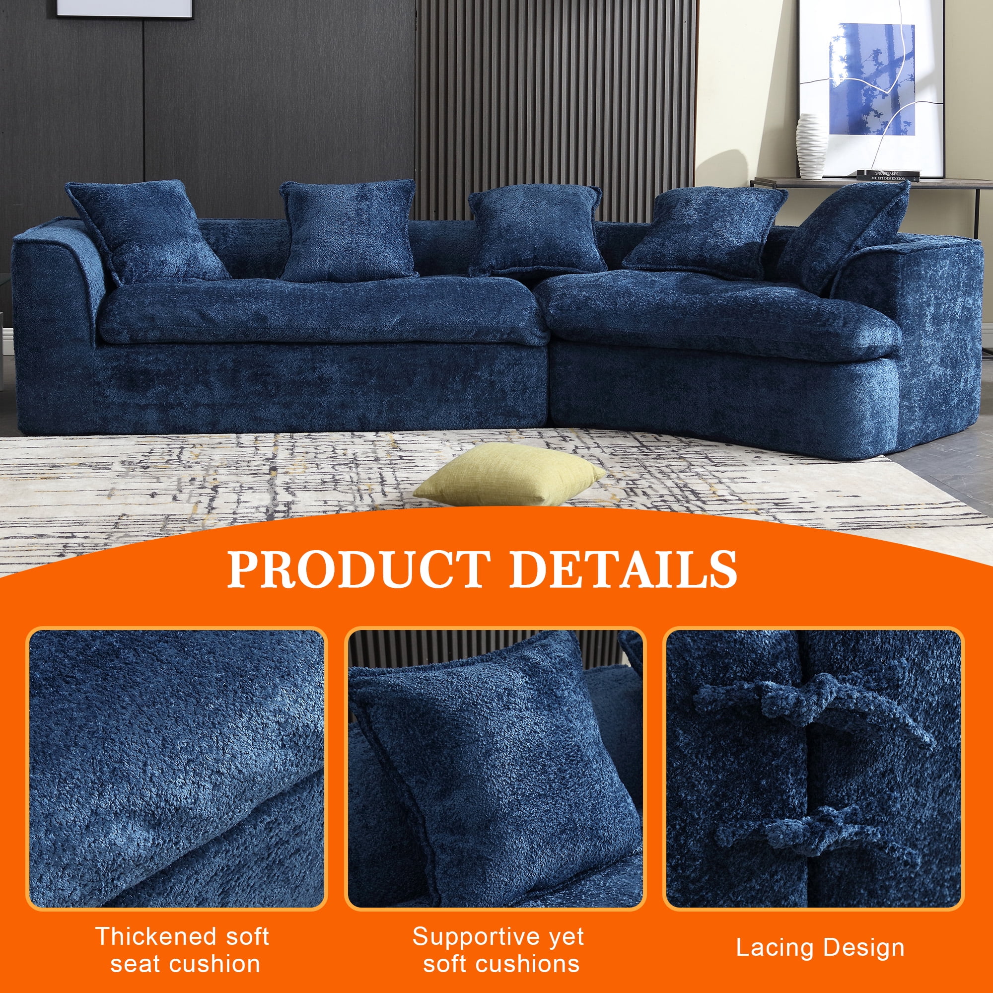 MOONMISS Boucle Upholstered Oversized 3 Seater Comfy Sofa with Unique Double Seat and Corner Construction-Navy Blue