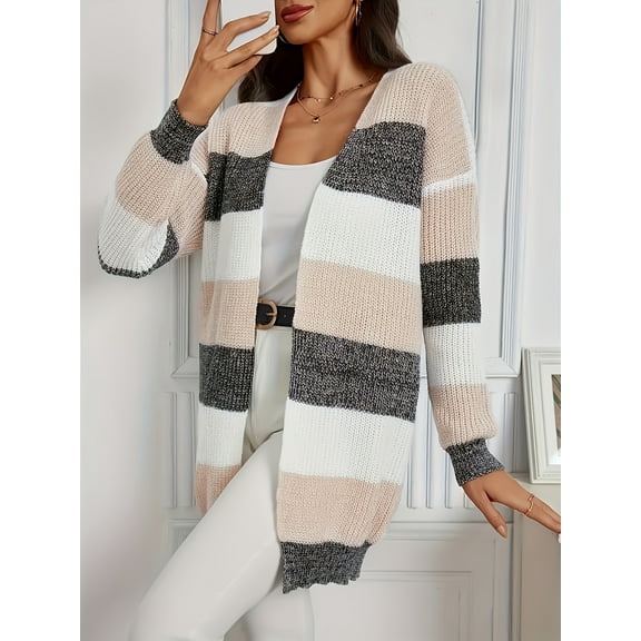 Large Size Women's Casual Cardigan Sweater Color Block Ribbed Knit Long Sleeve Cardigan