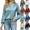 thumbnail image 1 of RKSTN Women's Satin Silk T Shirts Oversized Dressy V Neck Elegant Pleated Front Puff Long Sleeve Shirts Womens Casual Solid Plus Size Loose Fits Comfy Formal Business Baggy Work Office Blouses, 1 of 9