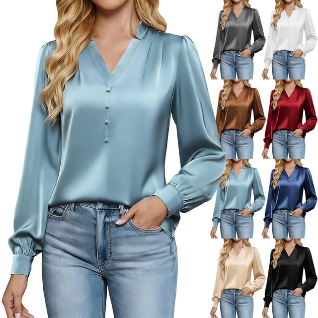 RKSTN Women's Satin Silk T Shirts Oversized Dressy V Neck Elegant Pleated Front Puff Long Sleeve Shirts Womens Casual Solid Plus Size Loose Fits Comfy Formal Business Baggy Work Office Blouses