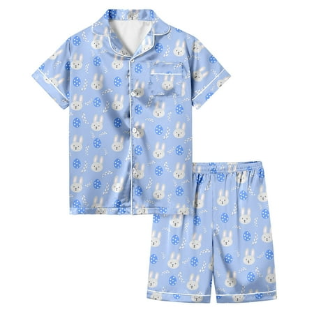XFHLMJFF Fashion Easter Pajamas Set Girls Bunny Print Satin Silk Button Down Short Sleeve Shirts Shorts Pants Sleepwear 4-5Y