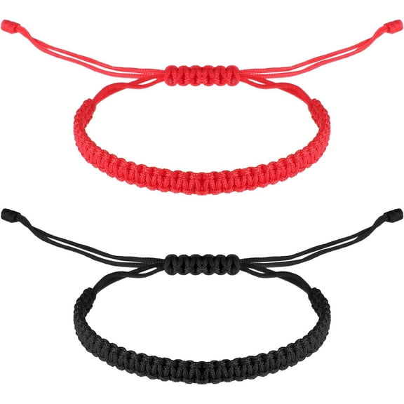 2 Pcs Handmade Braided Bracelet, Tibetan Buddhist Bracelets Adjustable Knitted String Rope Braided Summer Ankle Bracelets Good Luck Protection Bracelet for Couple Women Men (Black & Red)