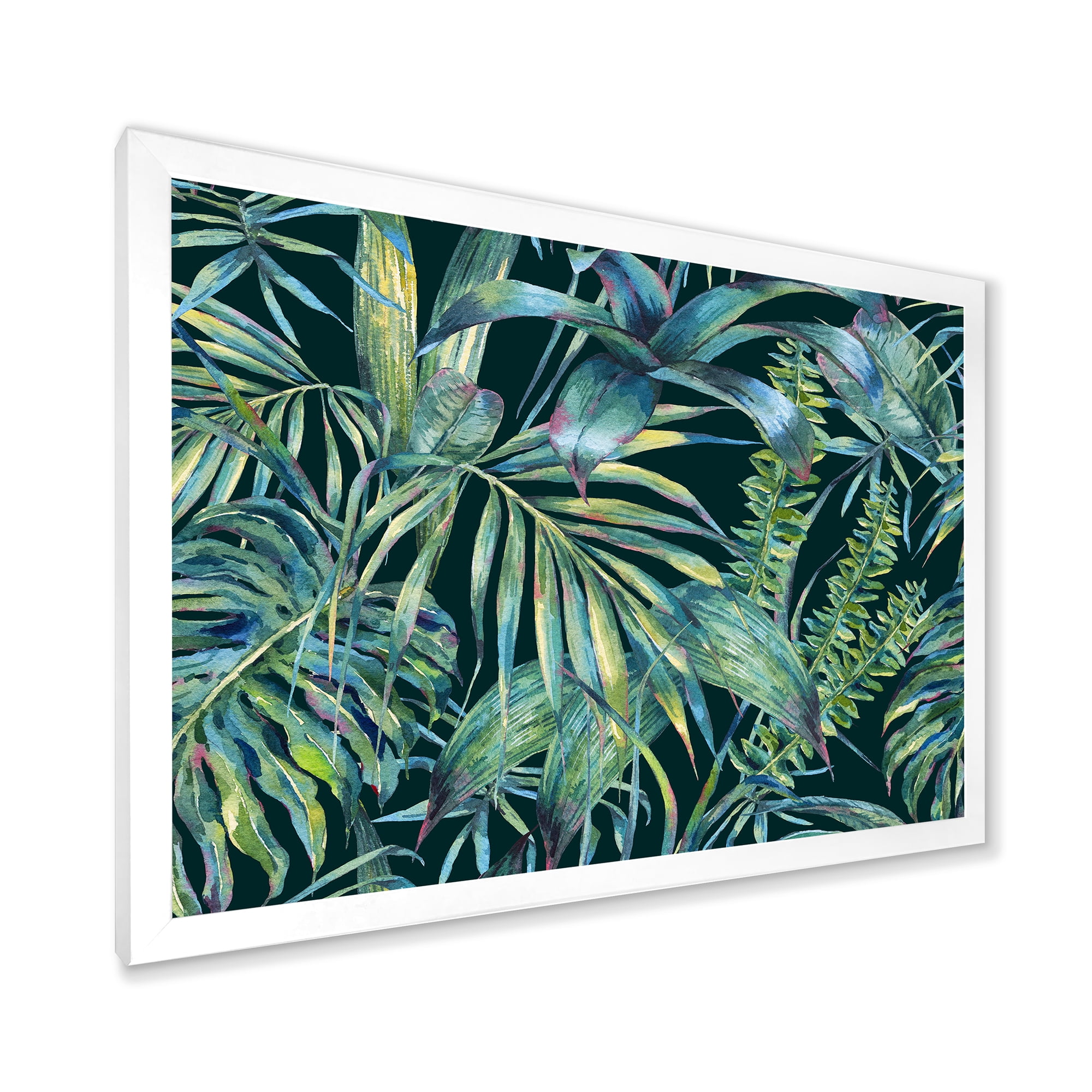 Designart 'Natural Green Leaves Exotic On Dark I' Tropical Framed Art Print