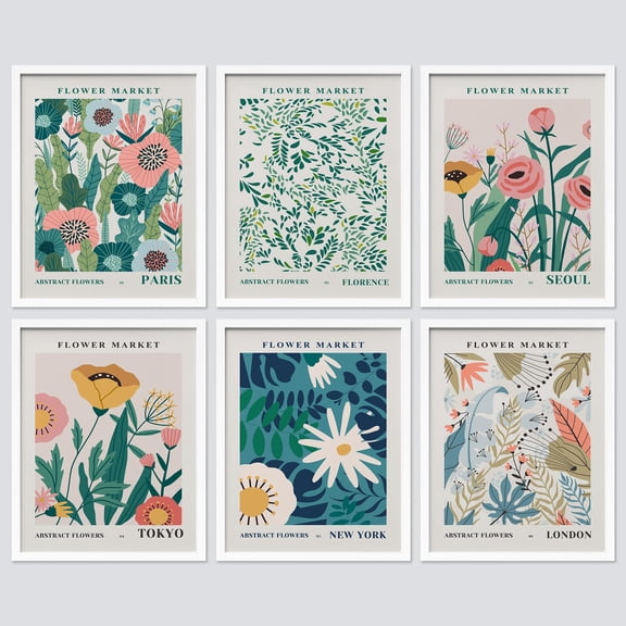 PixonSign Framed Canvas Print Wall Art Set - Multicolor Floral Botanical Flower Market Posters - Set of 6 Vintage Retro Antique Mixed Media Country Cultural Art Wall Décor - 11"x14"x6 White