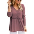 thumbnail image 1 of Blusa con botones y volantes y dobladillo suelto para el hogar y la oficina, color rosa, talla S - Blusa de manga larga con escote en V y mezcla de poliéster, 1 of 7