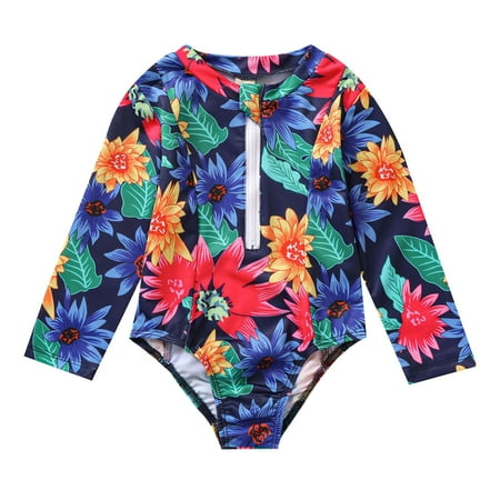 Coerni Toddler Girls Long Sleeve Floral Prints Swimwear Beach Swimsuit Bikini Girls Bathing Suits Hawaii Zip Up Cover Up