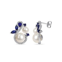White Cultured Freshwater Pearl 5-5.5 mm and Lab-Created Sapphire Earrings in 10K White Gold with Diamonds 1/3 Carat (Ctw)