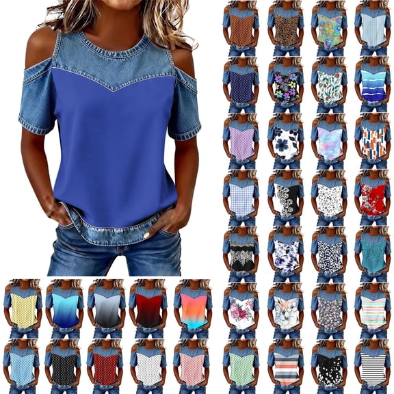 Tshirts for Women Ndbuld Women's Fashion Casual Round Neck Solid Color Short Sleeve Blouse Loose Spring And Summer Tops Blue XXXL