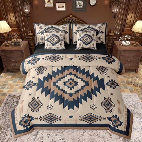 jejeloiu Rustic Western Aztec 7-Piece Twin Bedding Sets,Retro Bohemian Geometric Bedding Comforter Set,Cyan Brown Sheet Sets For Men Women,Home Decor Reversible