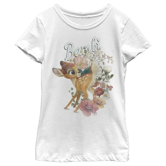 Girl's Bambi Playing In Flower Fields Graphic Tee White Medium