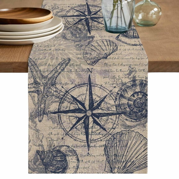 Ocean Compass Table Runner 72 Inches, Vintage Coastal Starfish Shell Conch Beige Bed Runner Dresser Scarves Tabletop for Indoor Outdoor Parties/Ceremony/Banquet, 13" x 72"