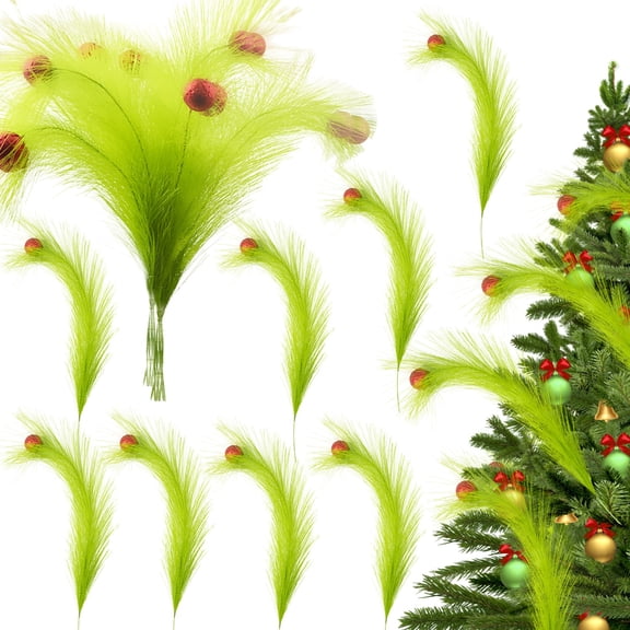 8pcs Christmas Tree Topper, 16.9 Inch Lime Green Curly Picks with Glitter Red Balls Xmas Artificial Topper Stem Elf Ornaments for Christmas Tree Wreath Party Decorations Crafts