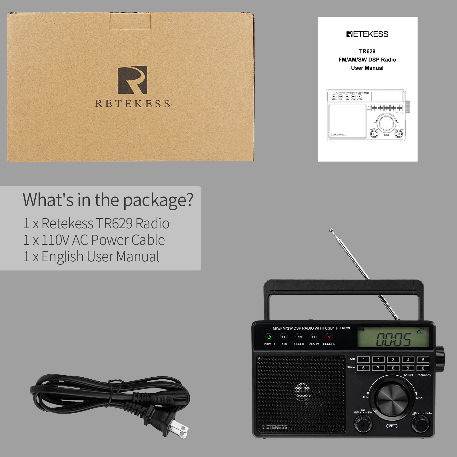 Retekess TR629 Portable Shortwave Radios, Digital Radio AM FM Plug in with  DSP, Support Backlight LCD Display, Digital Tuning and Preset, USB, Micro SD,  Clock, Recorder
