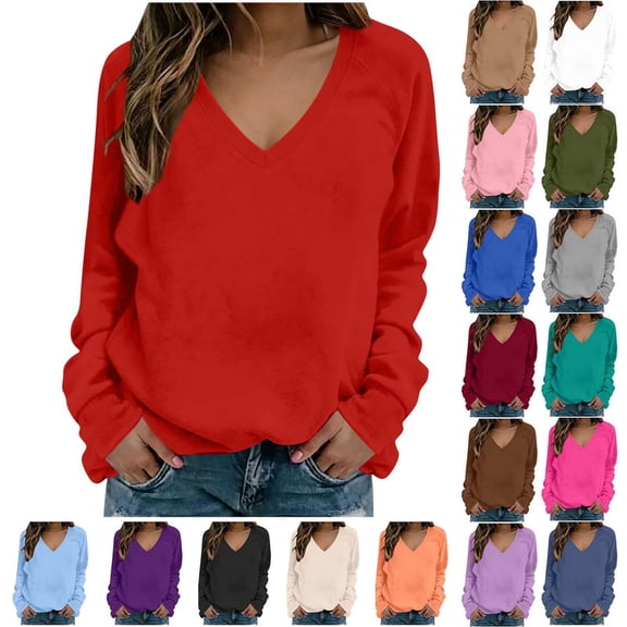 cocolona Womens V Neck Pullover Sweatshirts Solid Color Basic Casual Tunic Fall Tops