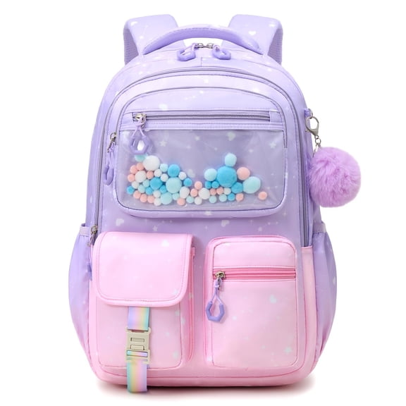 Girls School Backpack 20L for Grades 1-5, Lightweight Ergonomic Bookbag with Reflective Stripes, Water-Repellent Daypack with Cute Pendant