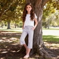 thumbnail image 2 of UJNDER Girls Striped Drawstring Elastic Waist Capri Trousers with Side Pockets Comfortable Play Girls Pants,01_Purple,5-6 Years, 2 of 6