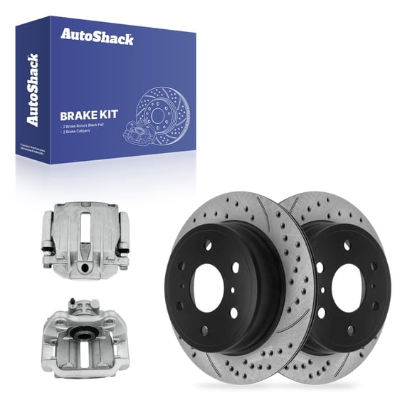 AutoShack Rear Vented Drilled & Slotted E-Coated Brake Rotors   Calipers 4-PC Brake Kit Replacement for 2007 GMC Sierra 1500 Classic ShadowGuard 13.57" (344.8 mm)