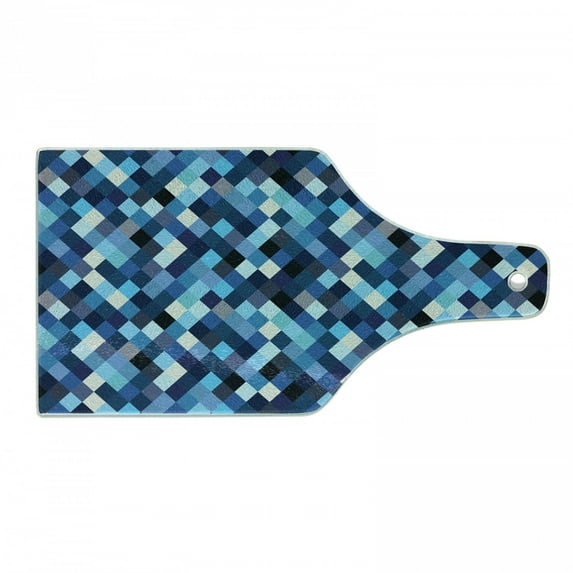 Modern Cutting Board, Fashion Triangles Hexagons and Geometrical Shapes in Blue and White Colors Image, Tempered Glass Cutting and Serving Board, Wine Bottle Shape, Multicolor, by Ambesonne