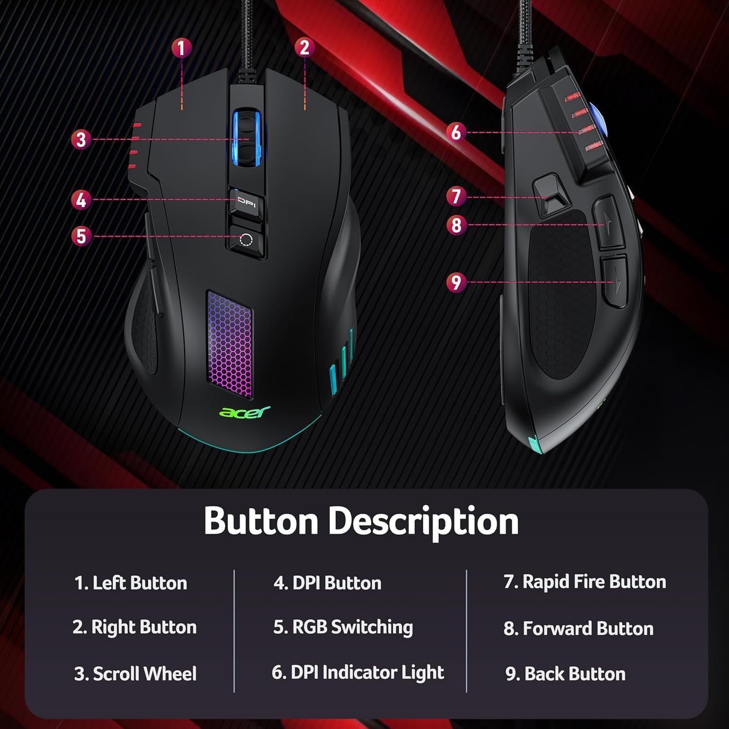 acer Wired Gaming , 12,800 DPI RGB Ergonomic Computer with Optical Sensor, 8 Programmable Buttons, 12 Backlit Modes, Software for DIY Keybinds, Rapid Fire, USB Gaming Mice for Laptop, PC