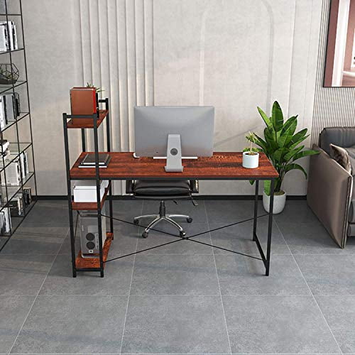 FSTAR Home Office Desk with 4 Shelves 55inch Large Sturdy Table Modern Computer Gaming Desk Home Office Workstation Writing Study Table 55, Sandalwood