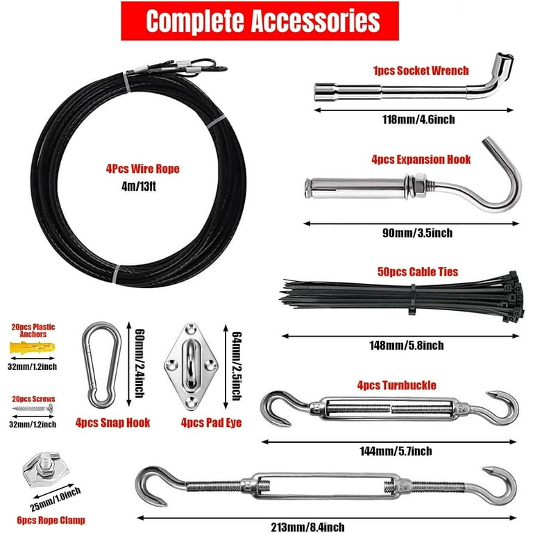 Shade Sail Hardware Kit - 4x 13ft Cables, 304 Stainless Steel, For Rectangle/Triangle Sails