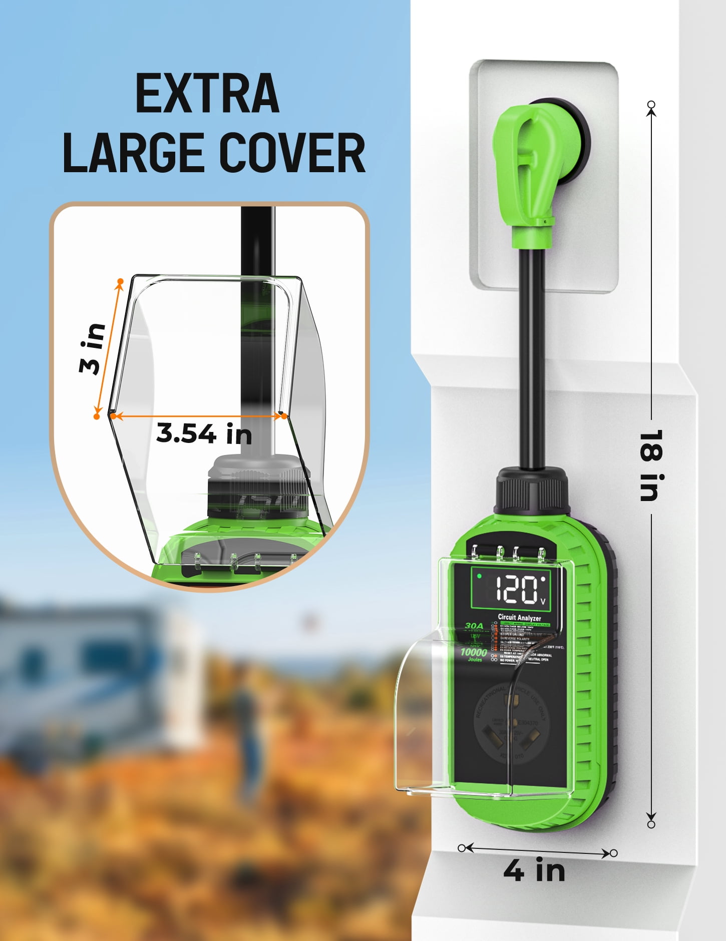RV Surge Protector 30 Amp, 10,000J Smart 30 Amp RV Surge Protector with Auto Shutoff & Reset, RV Circuit Analyzer with LED Display, Voltage & Temperature Protection, IP67 Waterproof - Green