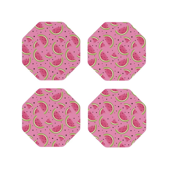 Vsdgher Watermelon Print Leather Coasters for Drinks, Durable Drink Coasters 4 Set for Tabletop Protection, Luxurious Home Décor and Housewarming Gift-Octagon