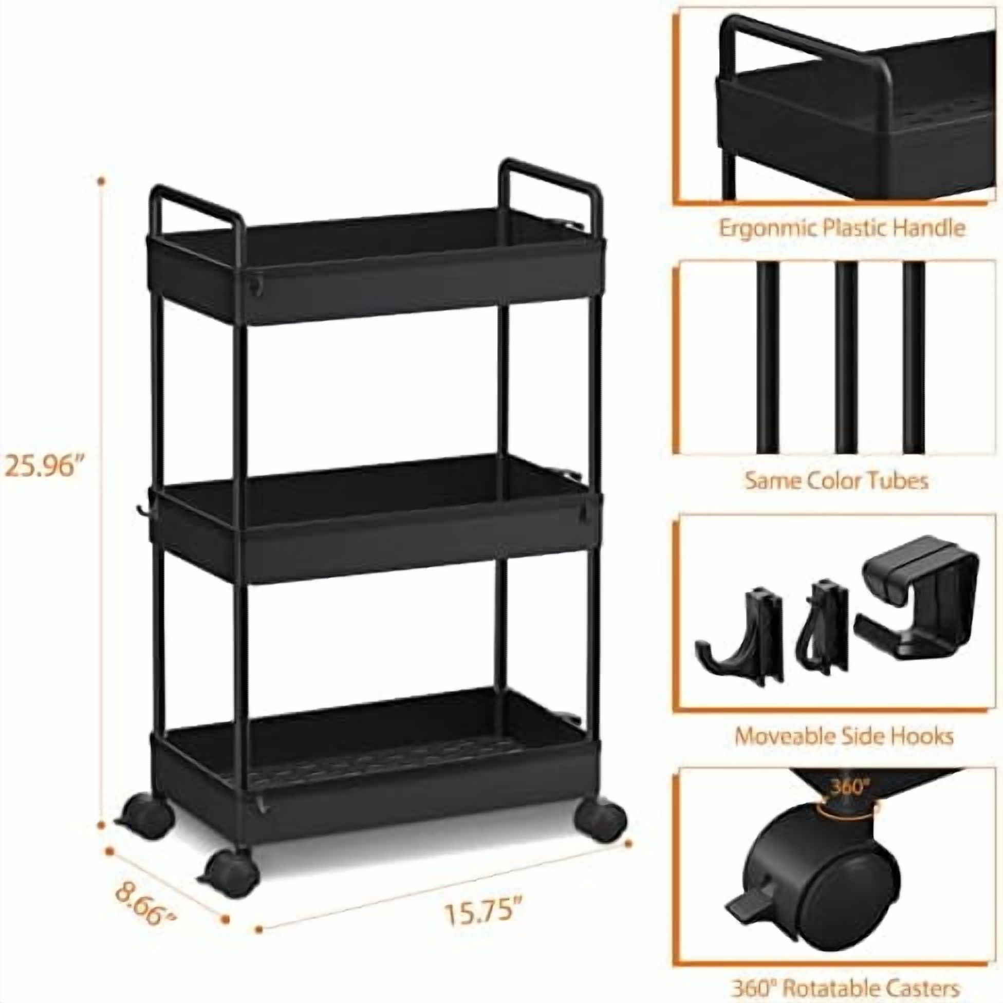 3 Tier Slim Rolling Storage Cart with Wheels Plastic Utility Cart Organizer for Snack Craft Art Postpartum Baby Diaper Nail Makeup in Bathroom Laundry Room Kitchen Bedside Narrow Space, Black